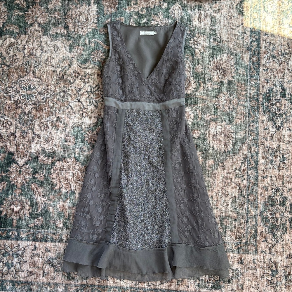 Vintage Cream Lace Midi Dress 34 Gray Sequin Ruffle Y2K Preppy Coquette Cottage